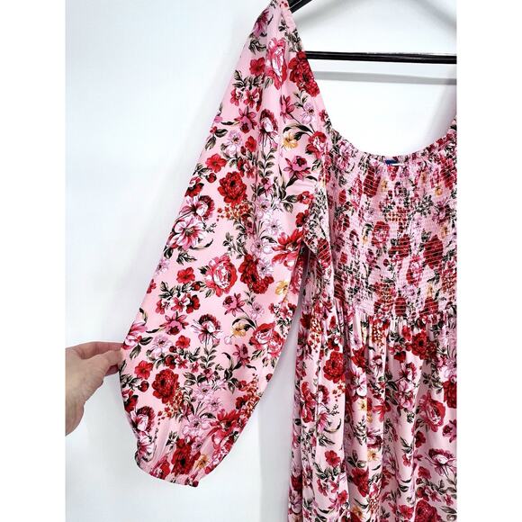 Old Navy Pink Floral Smocked Balloon Sleeve Mini Dress Sz 2XL Coquette Babydoll - Picture 10 of 13